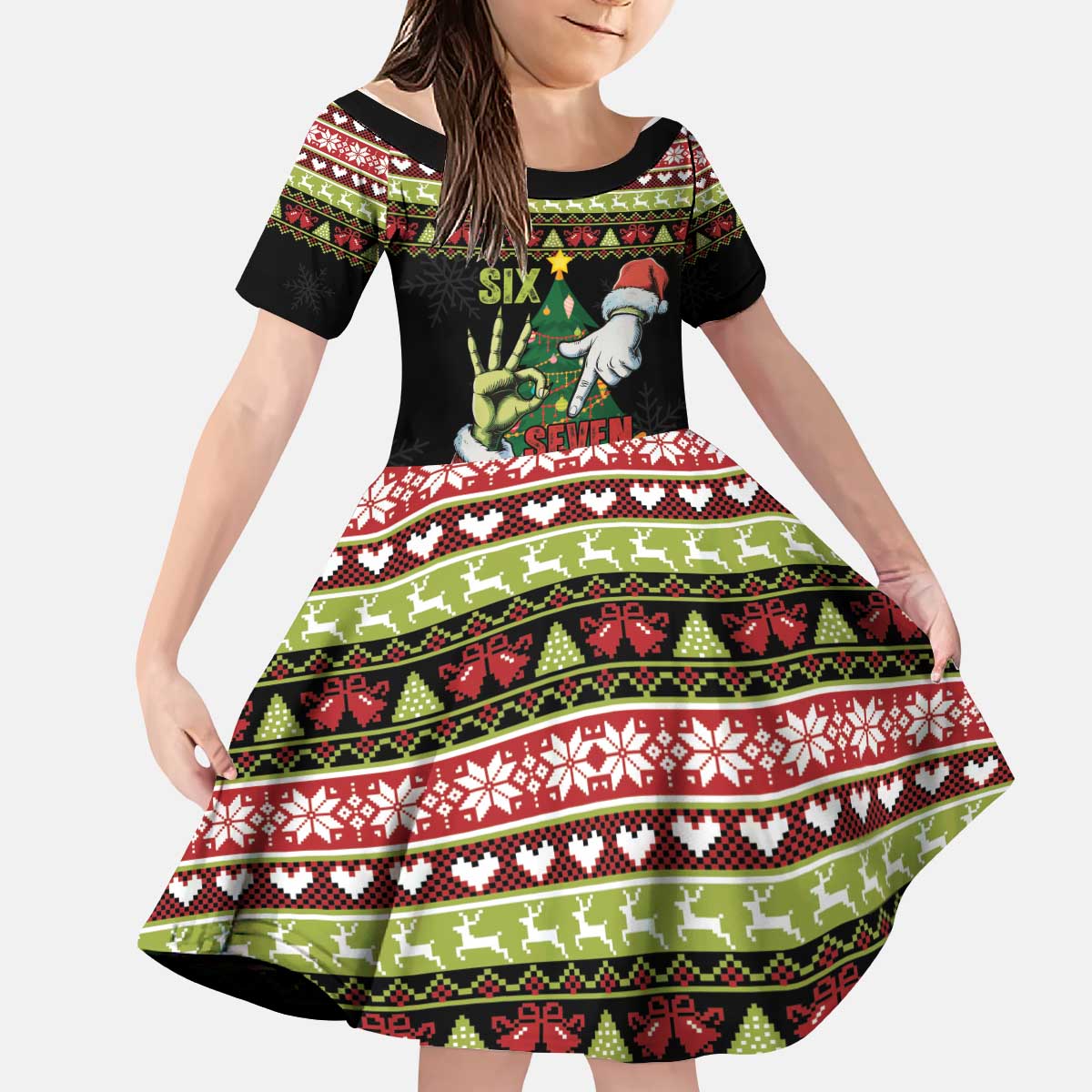 Six Seven Christmas Kid Short Sleeve Dress Funny Santa and Green Hands - Wonder Print Shop