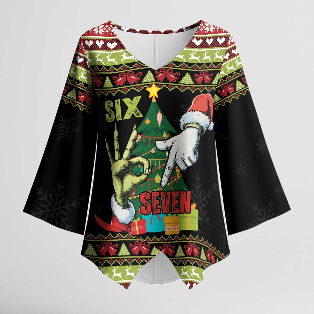 Six Seven Christmas Kimono Sleeve Blouse Funny Santa and Green Hands - Wonder Print Shop