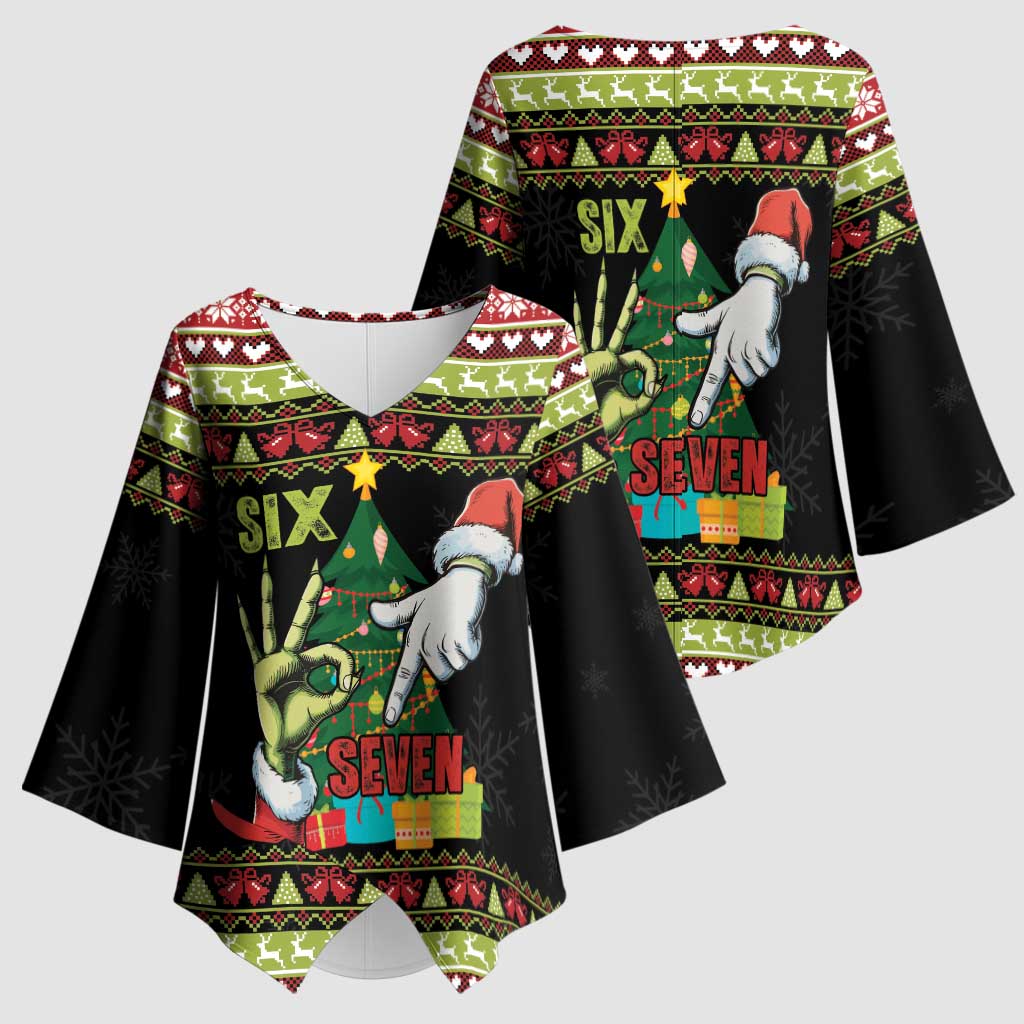 Six Seven Christmas Kimono Sleeve Blouse Funny Santa and Green Hands - Wonder Print Shop
