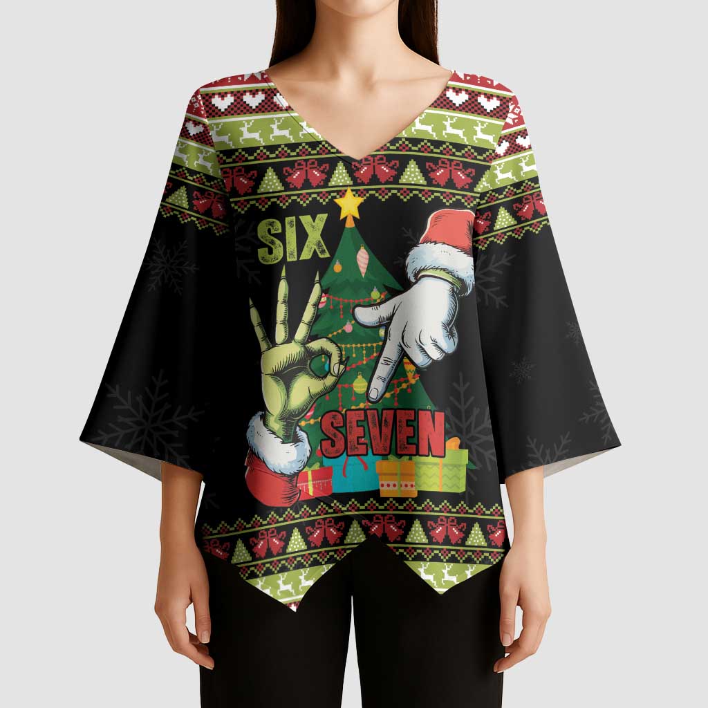 Six Seven Christmas Kimono Sleeve Blouse Funny Santa and Green Hands - Wonder Print Shop