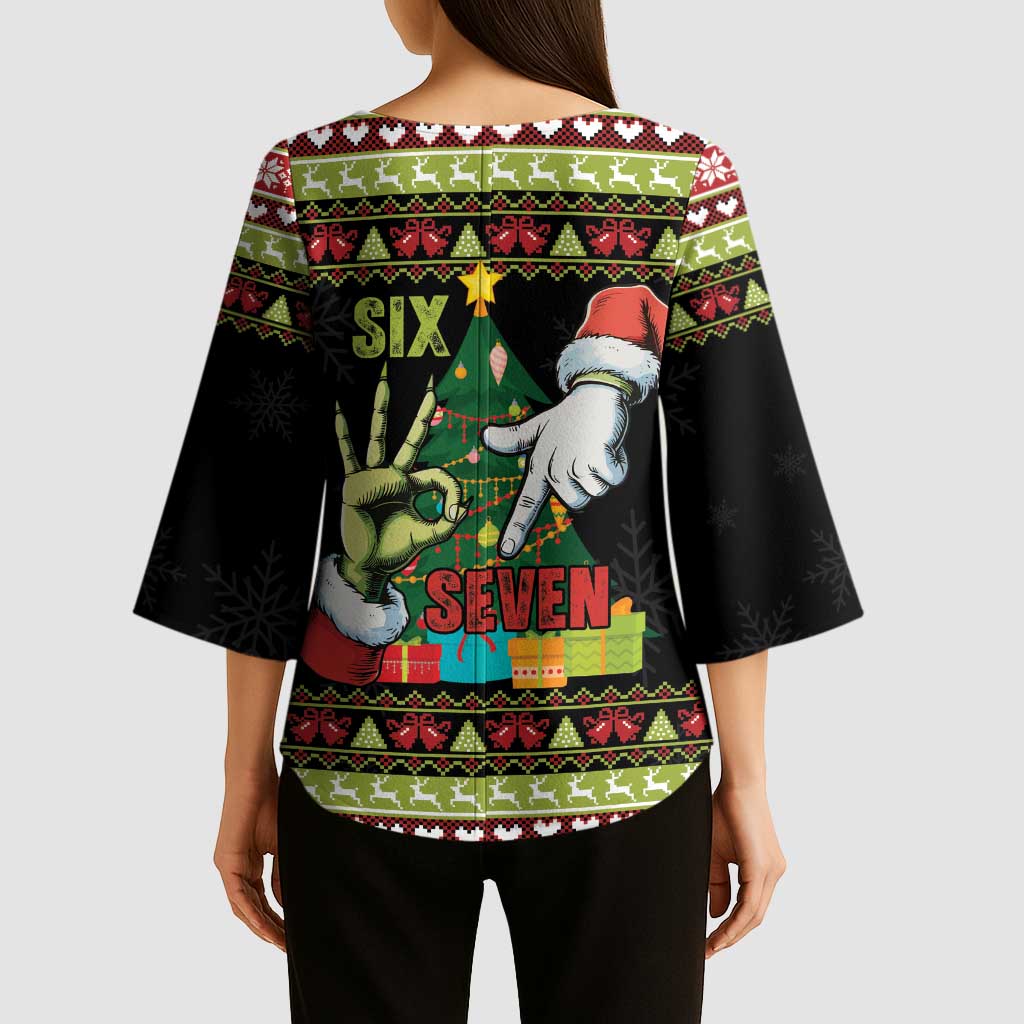 Six Seven Christmas Kimono Sleeve Blouse Funny Santa and Green Hands - Wonder Print Shop