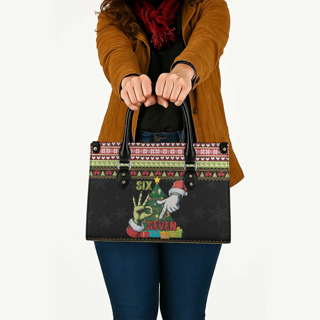 Six Seven Christmas Leather Bag Funny Santa and Green Hands - Wonder Print Shop