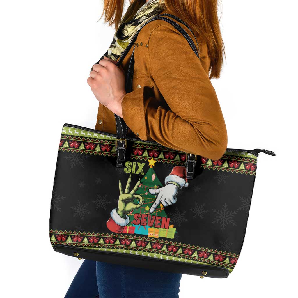 Six Seven Christmas Leather Tote Bag Funny Santa and Green Hands - Wonder Print Shop