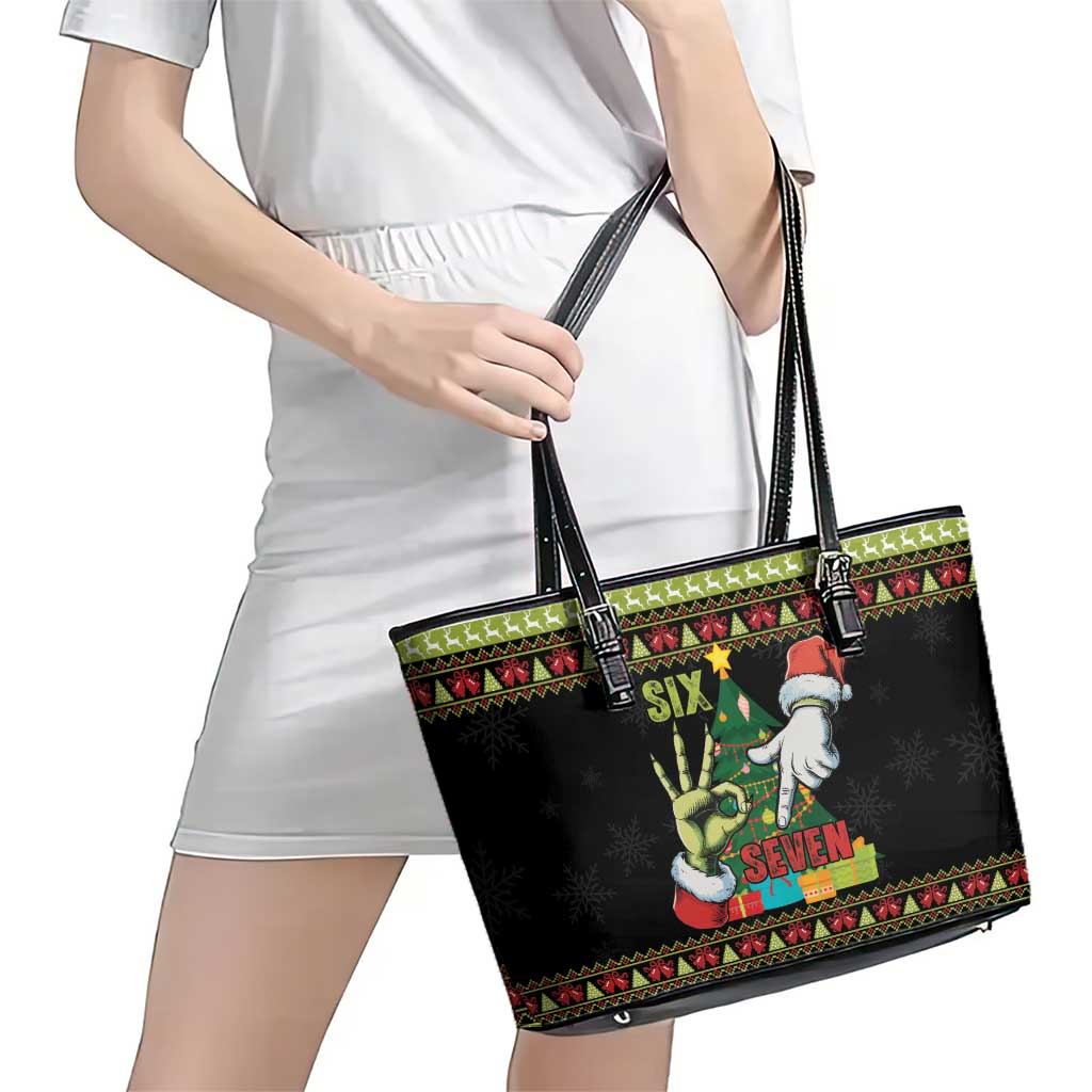 Six Seven Christmas Leather Tote Bag Funny Santa and Green Hands - Wonder Print Shop
