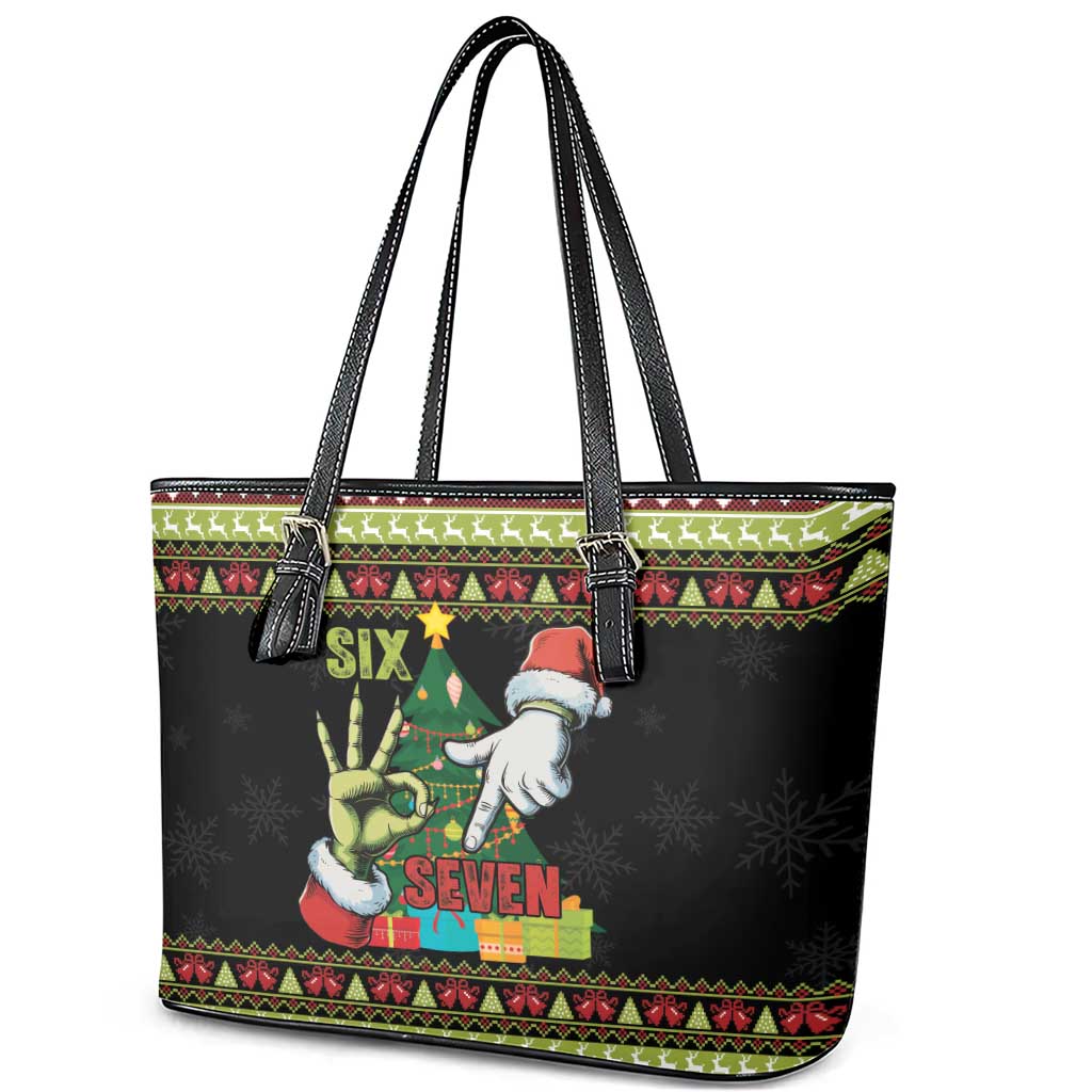 Six Seven Christmas Leather Tote Bag Funny Santa and Green Hands - Wonder Print Shop