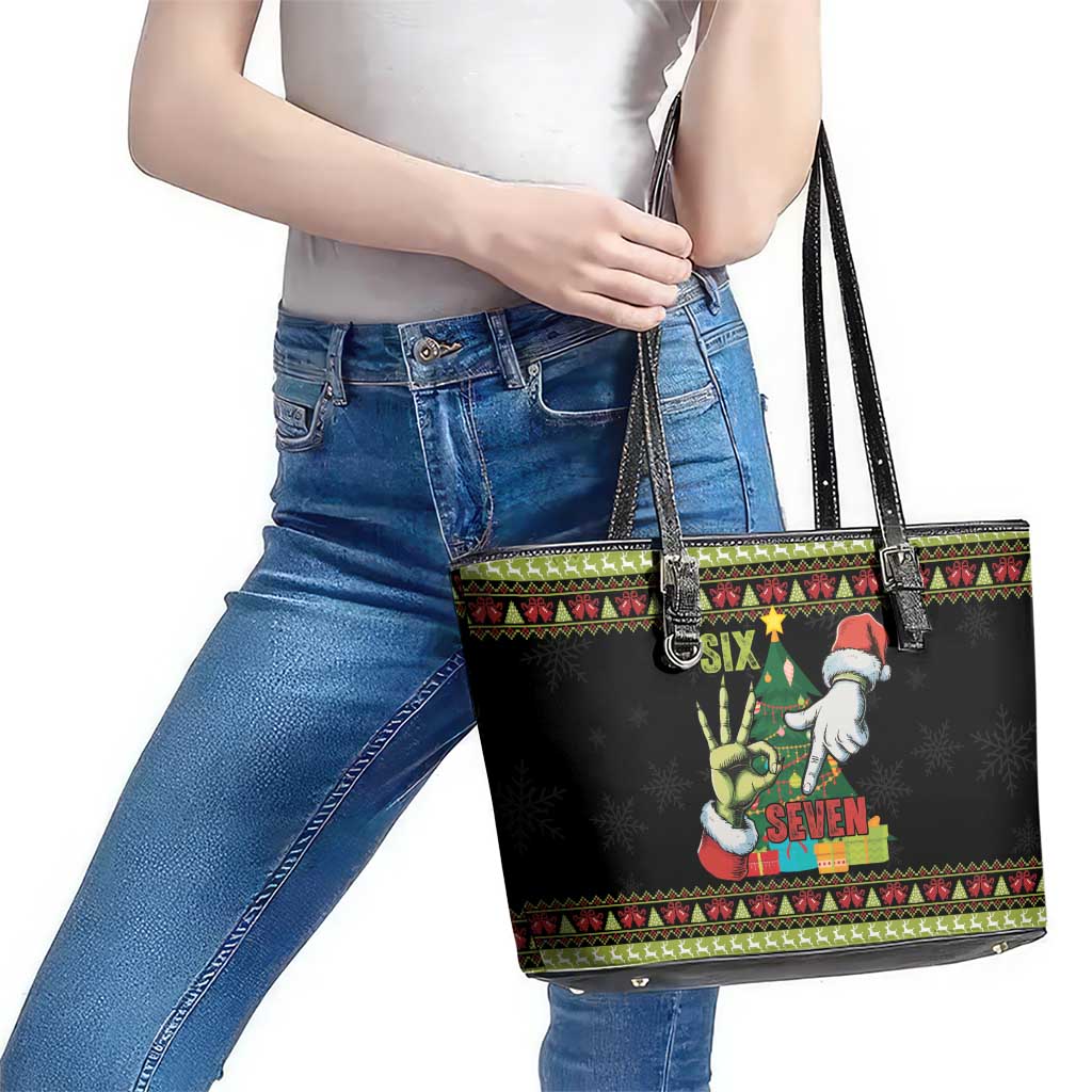 Six Seven Christmas Leather Tote Bag Funny Santa and Green Hands - Wonder Print Shop