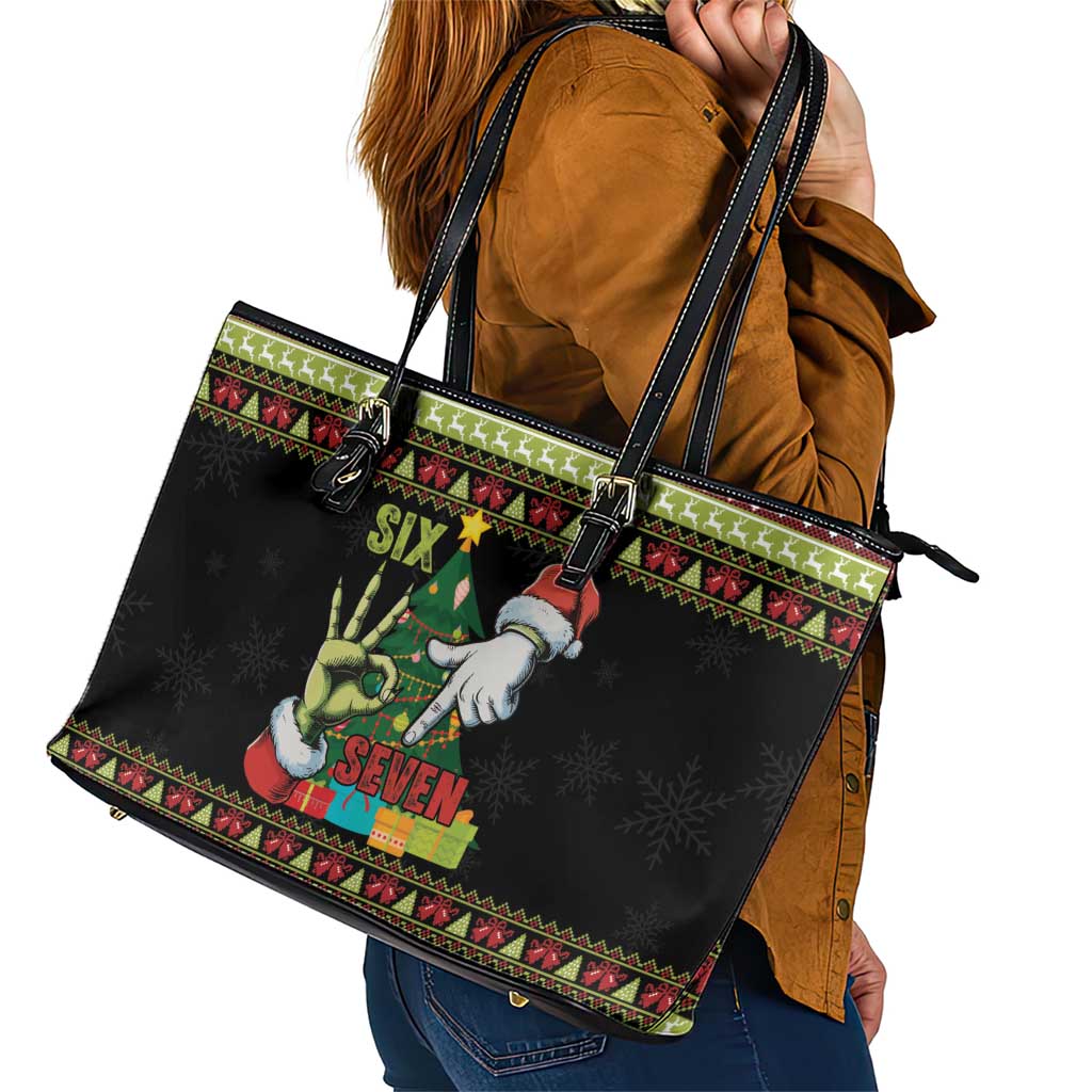 Six Seven Christmas Leather Tote Bag Funny Santa and Green Hands - Wonder Print Shop