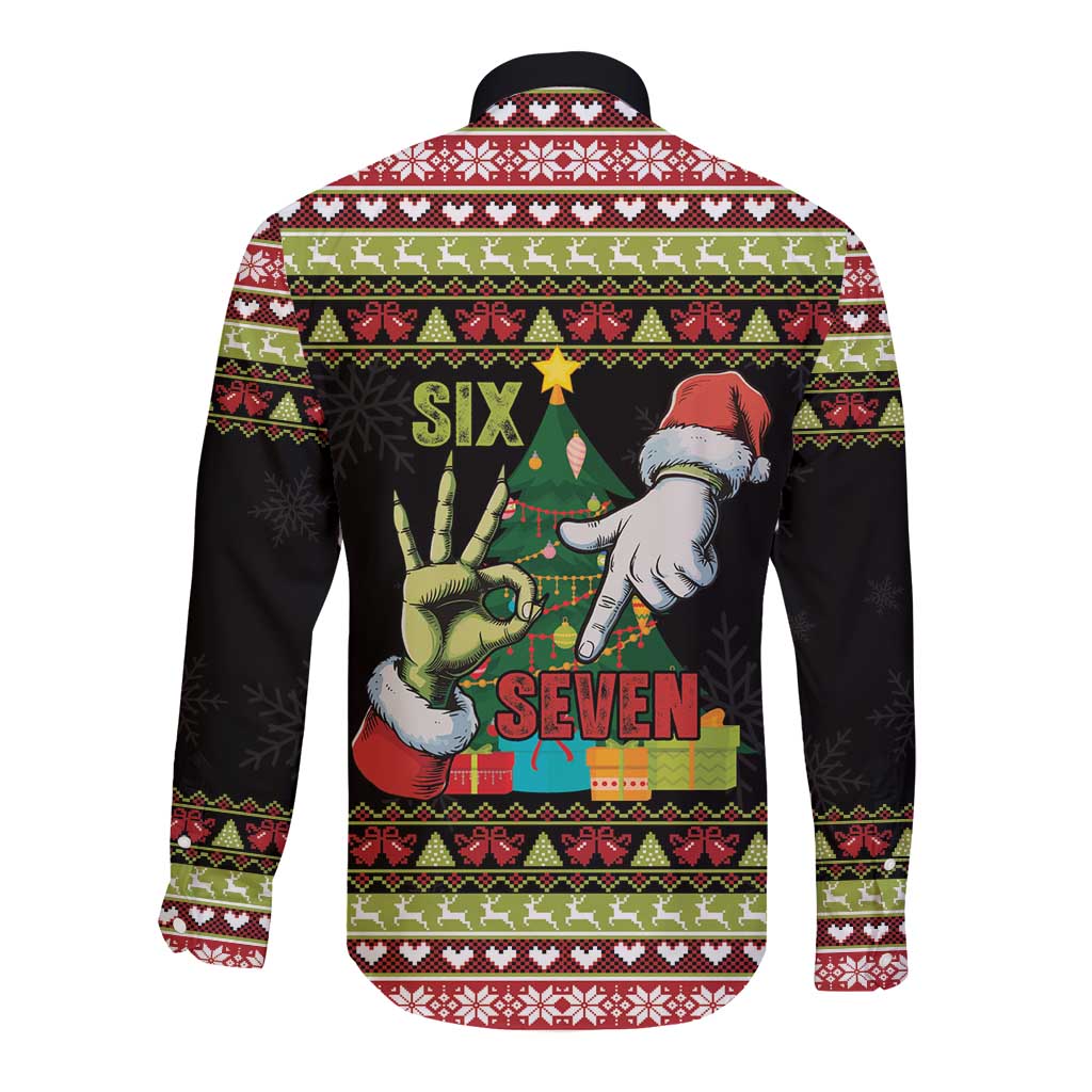 Six Seven Christmas Long Sleeve Button Shirt Funny Santa and Green Hands - Wonder Print Shop