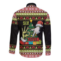 Six Seven Christmas Long Sleeve Button Shirt Funny Santa and Green Hands - Wonder Print Shop