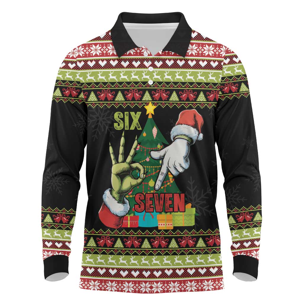 Six Seven Christmas Long Sleeve Polo Shirt Funny Santa and Green Hands - Wonder Print Shop