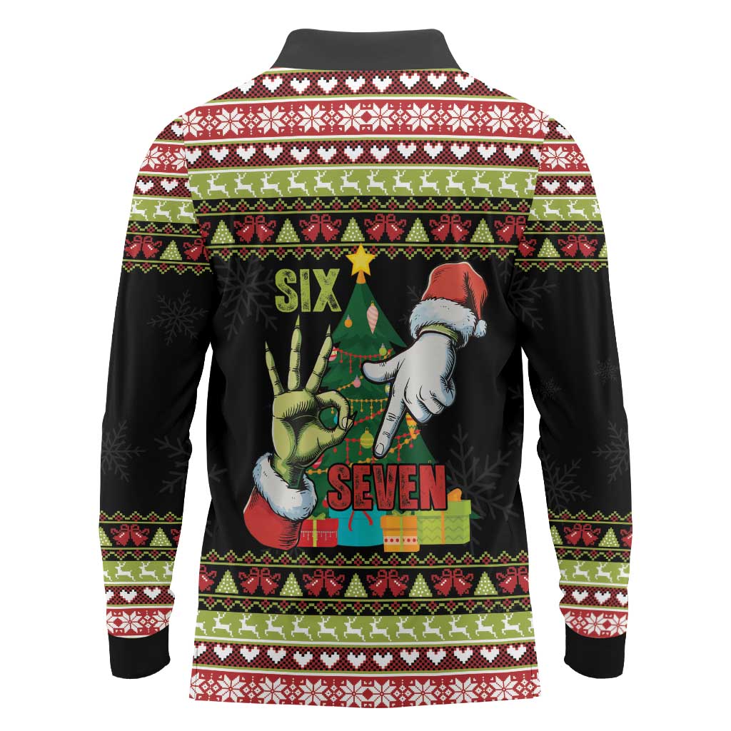 Six Seven Christmas Long Sleeve Polo Shirt Funny Santa and Green Hands - Wonder Print Shop