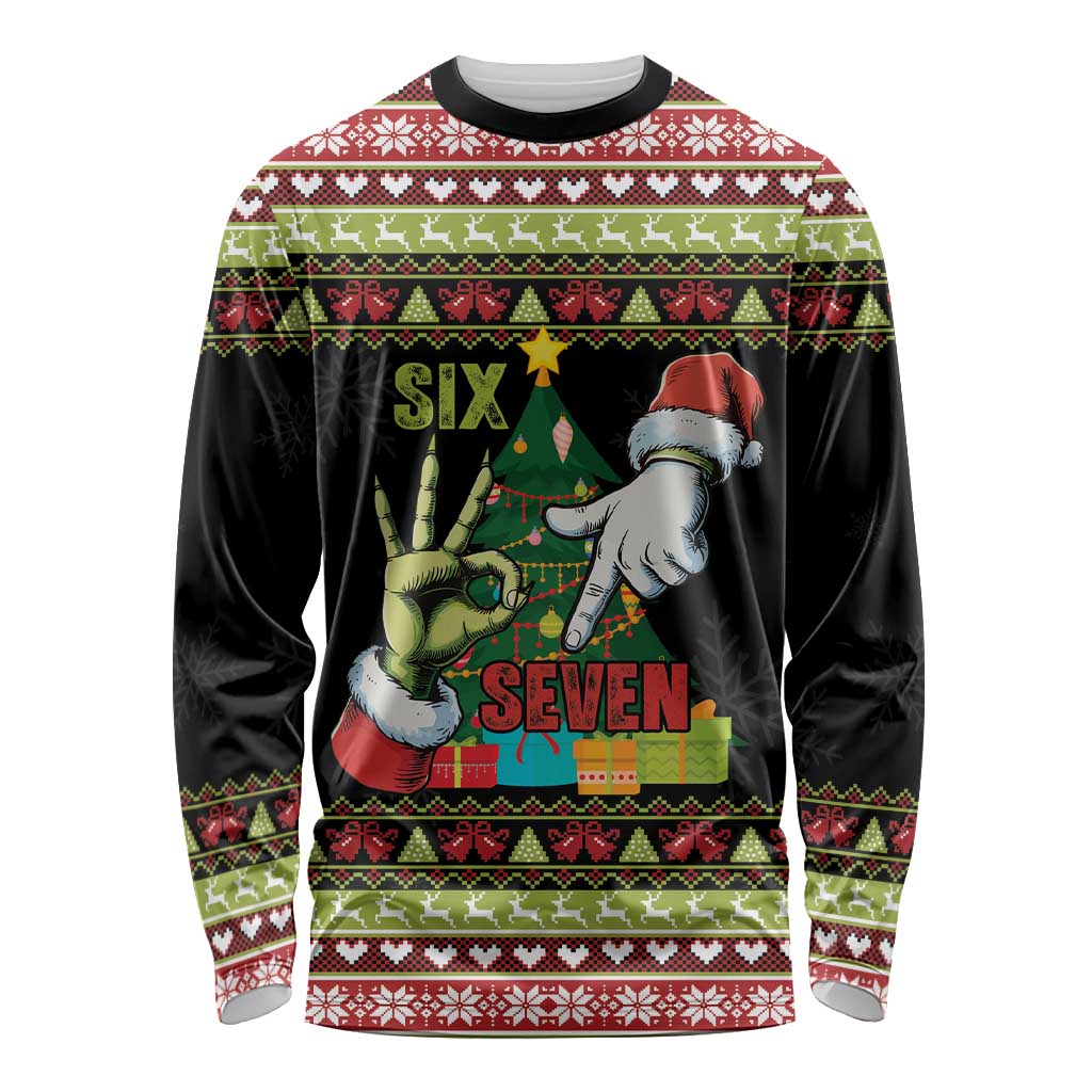 Six Seven Christmas Long Sleeve Shirt Funny Santa and Green Hands - Wonder Print Shop