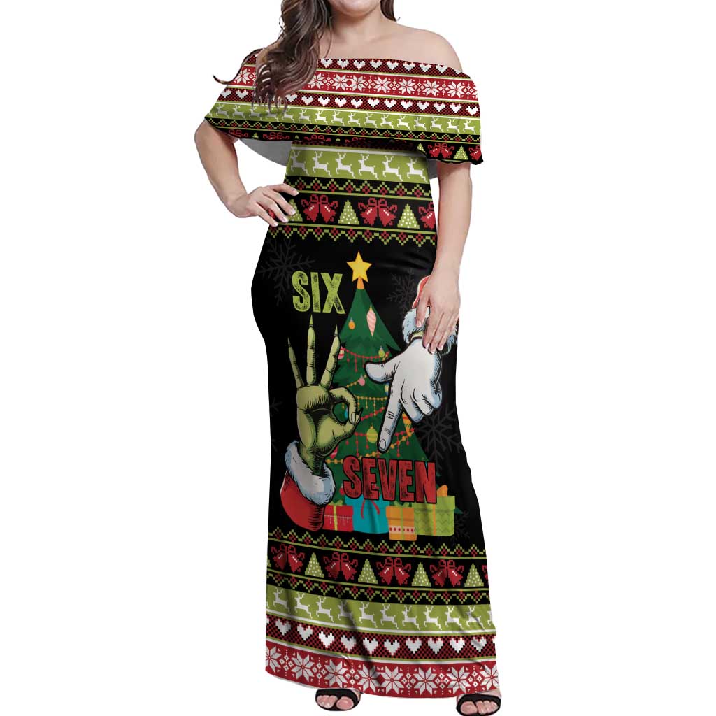 Six Seven Christmas Off Shoulder Maxi Dress Funny Santa and Green Hands - Wonder Print Shop