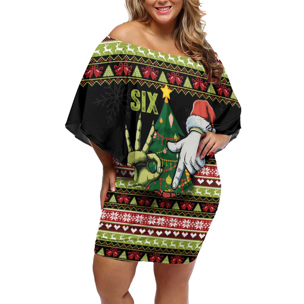 Six Seven Christmas Off Shoulder Short Dress Funny Santa and Green Hands - Wonder Print Shop