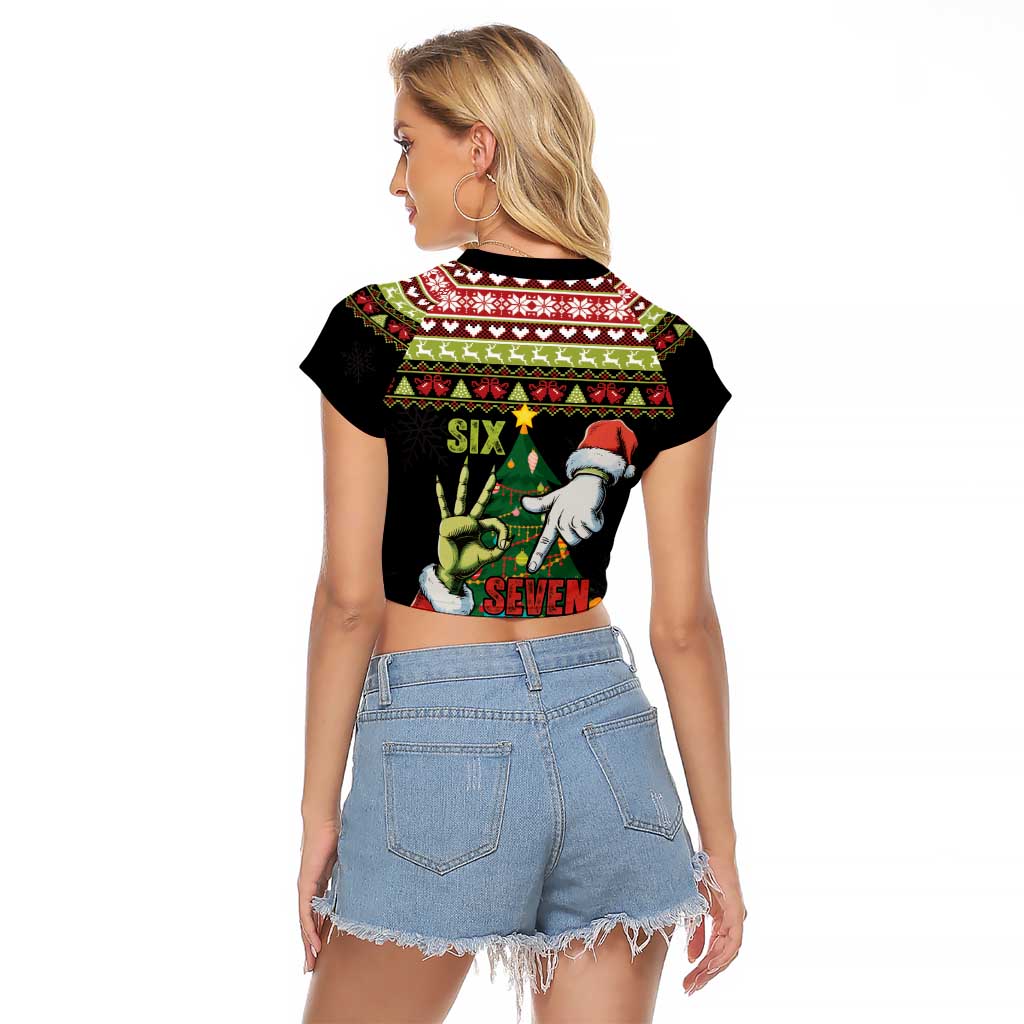 Six Seven Christmas Raglan Cropped T Shirt Funny Santa and Green Hands - Wonder Print Shop