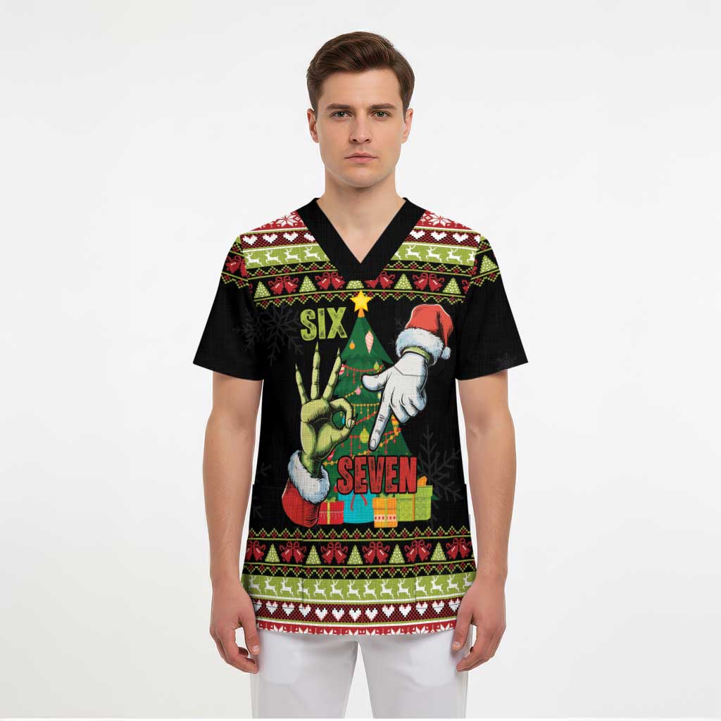 Six Seven Christmas Scrub Top Funny Santa and Green Hands - Wonder Print Shop