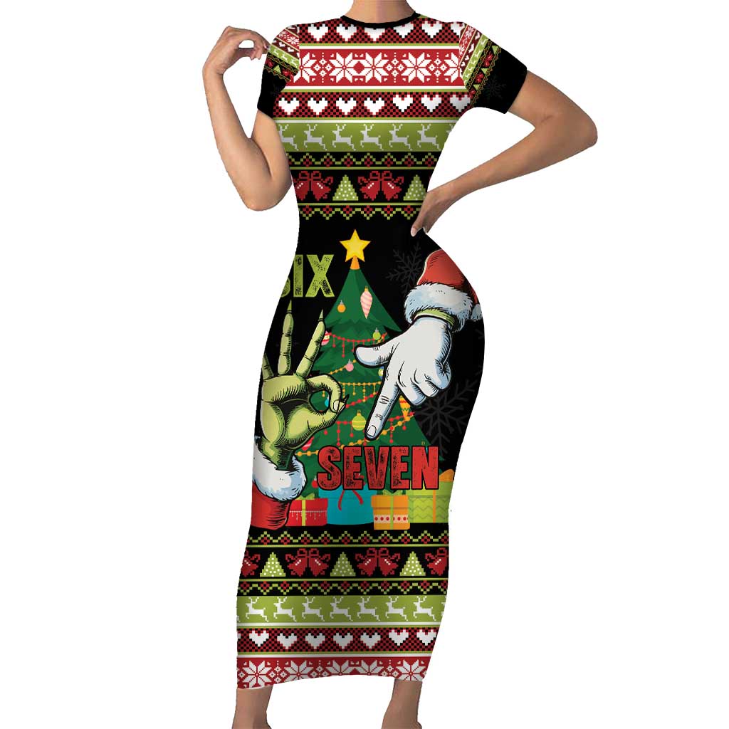 Six Seven Christmas Short Sleeve Bodycon Dress Funny Santa and Green Hands - Wonder Print Shop