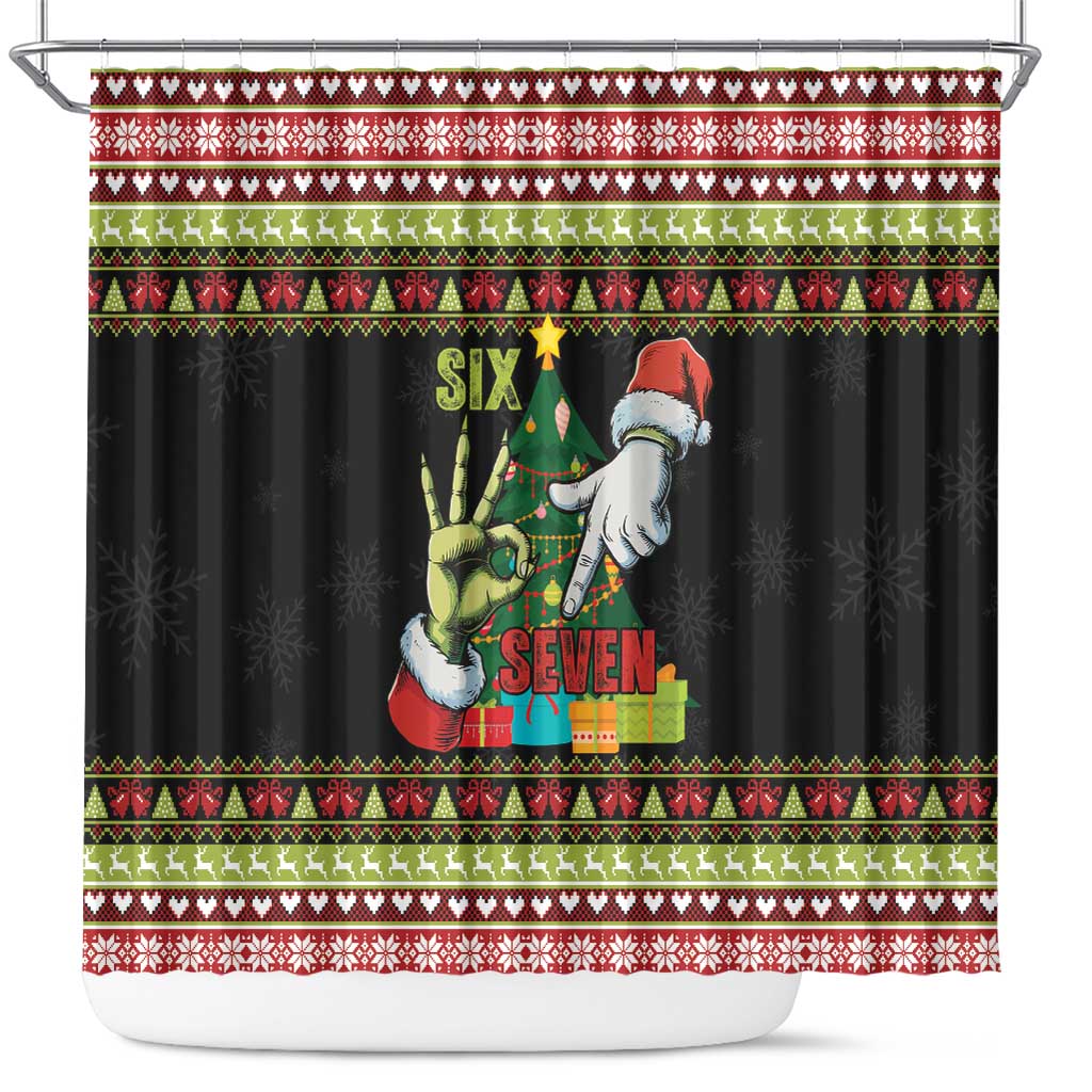 Six Seven Christmas Shower Curtain Funny Santa and Green Hands - Wonder Print Shop