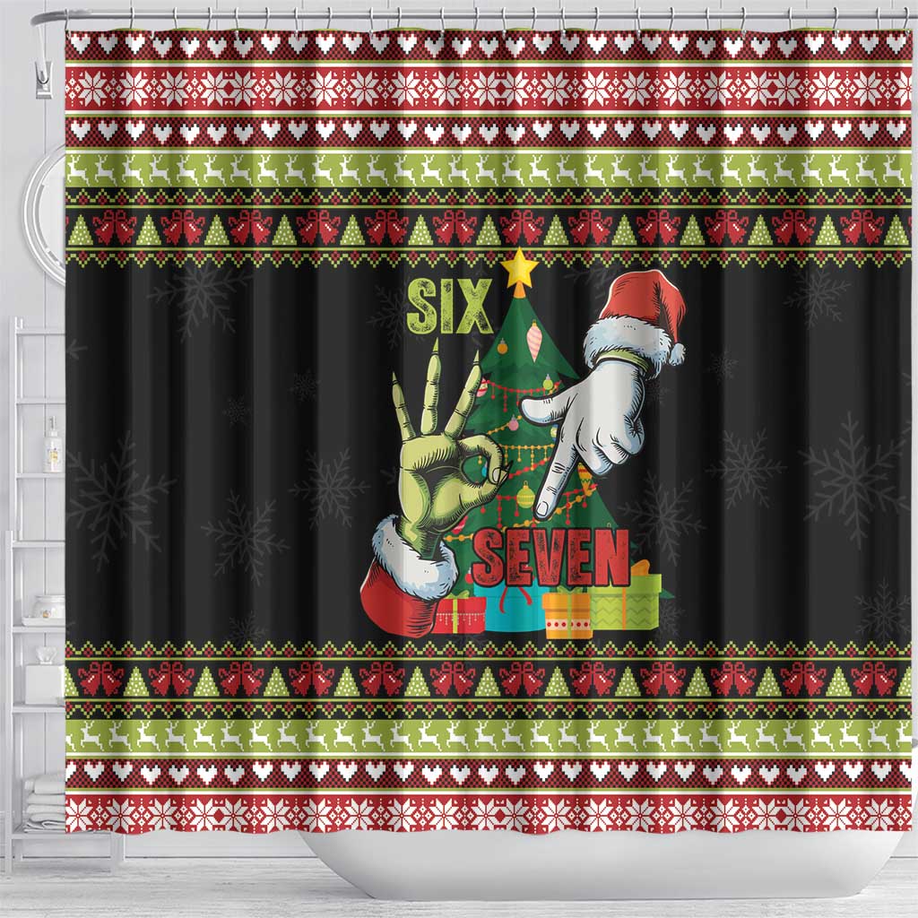 Six Seven Christmas Shower Curtain Funny Santa and Green Hands - Wonder Print Shop
