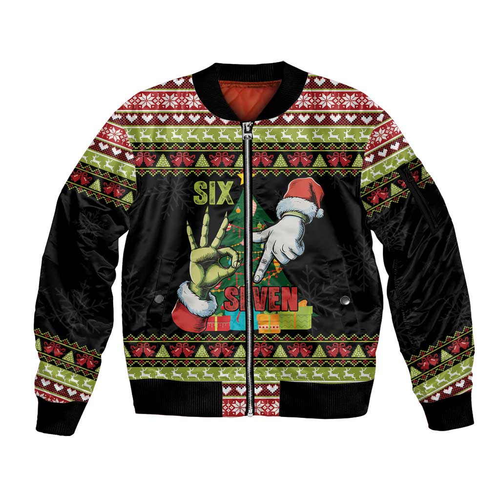 Six Seven Christmas Sleeve Zip Bomber Jacket Funny Santa and Green Hands - Wonder Print Shop