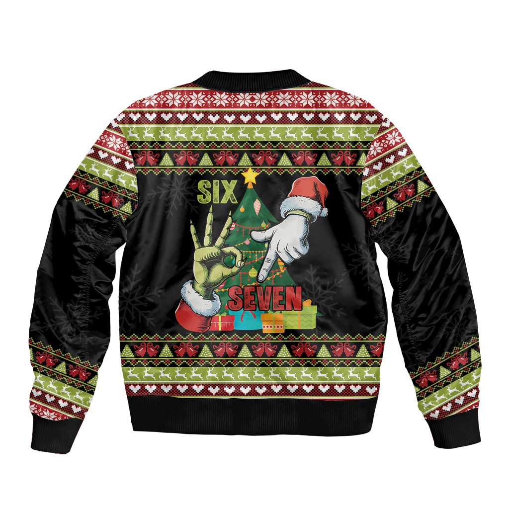 Six Seven Christmas Sleeve Zip Bomber Jacket Funny Santa and Green Hands - Wonder Print Shop