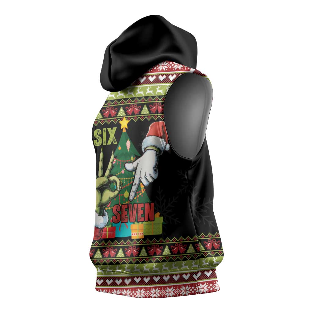 Six Seven Christmas Sleeveless Hoodie Funny Santa and Green Hands - Wonder Print Shop