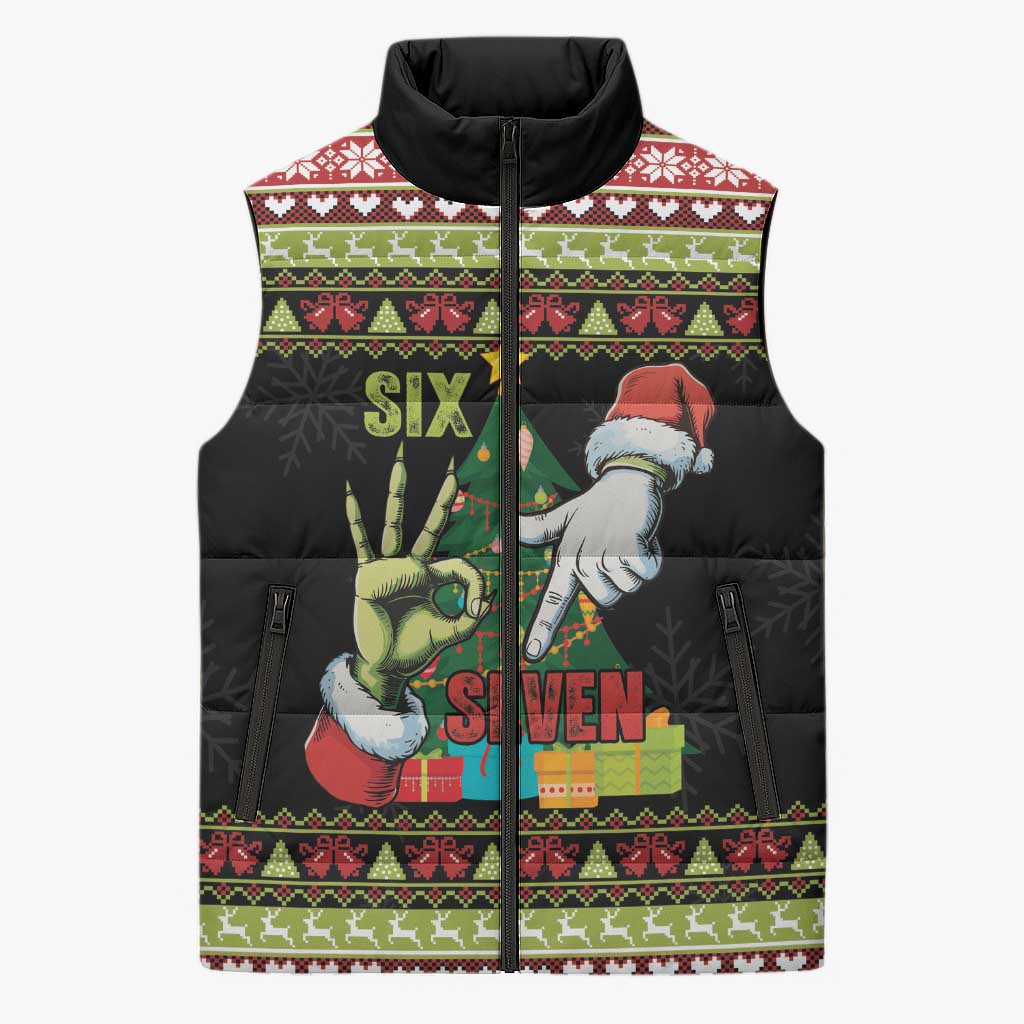 Six Seven Christmas Sleeveless Puffer Jacket Funny Santa and Green Hands - Wonder Print Shop