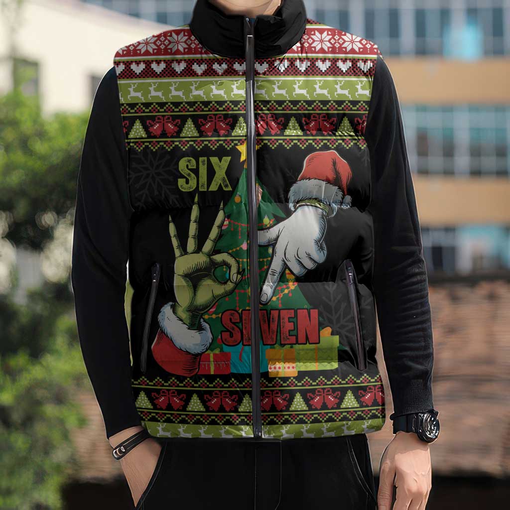 Six Seven Christmas Sleeveless Puffer Jacket Funny Santa and Green Hands - Wonder Print Shop