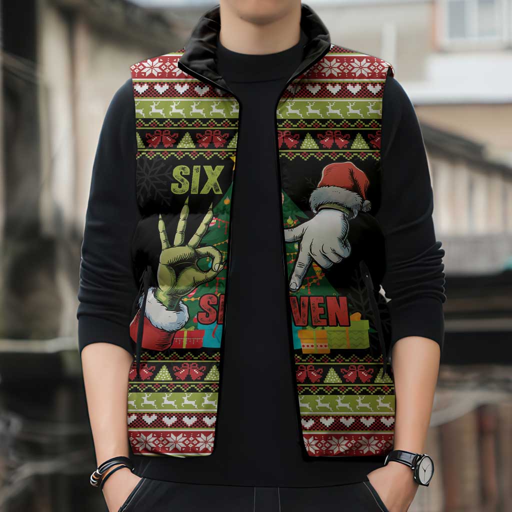 Six Seven Christmas Sleeveless Puffer Jacket Funny Santa and Green Hands - Wonder Print Shop
