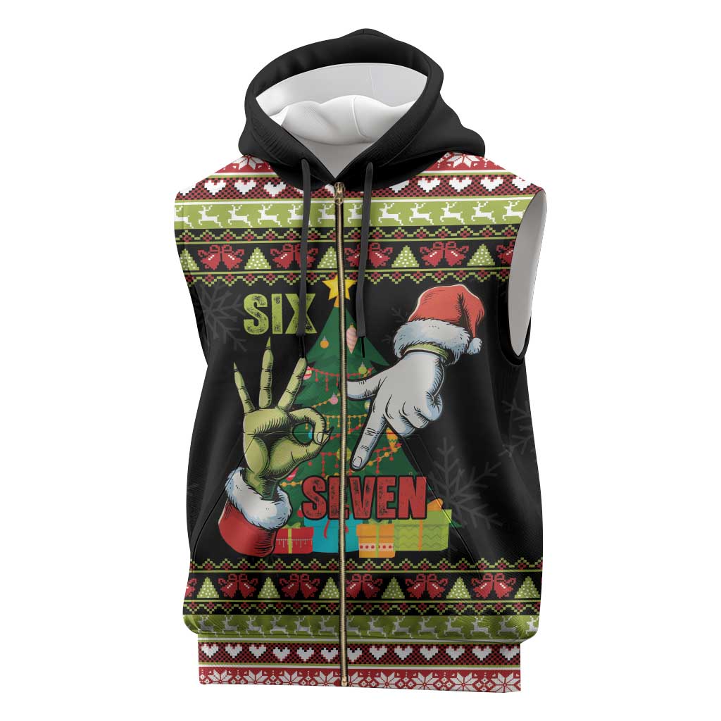 Six Seven Christmas Sleeveless Zip Hoodie Funny Santa and Green Hands - Wonder Print Shop