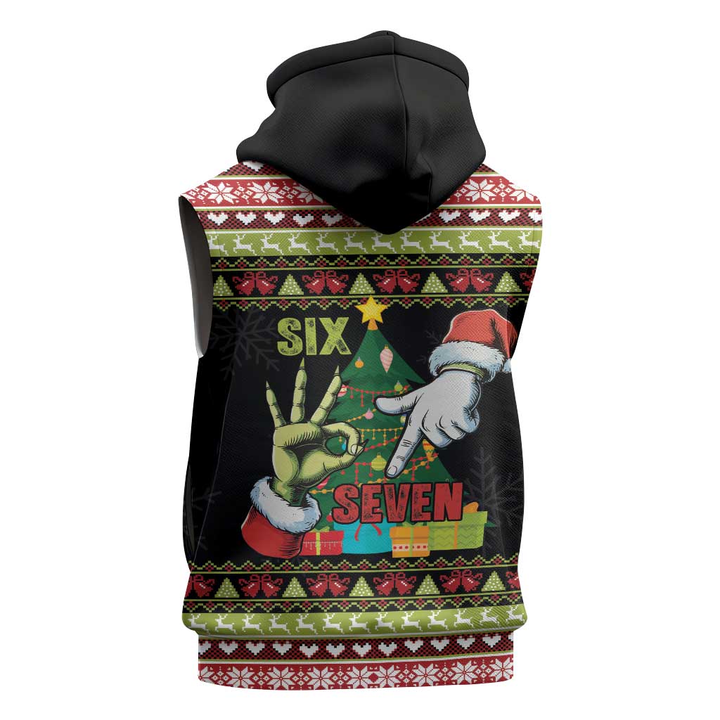 Six Seven Christmas Sleeveless Zip Hoodie Funny Santa and Green Hands - Wonder Print Shop