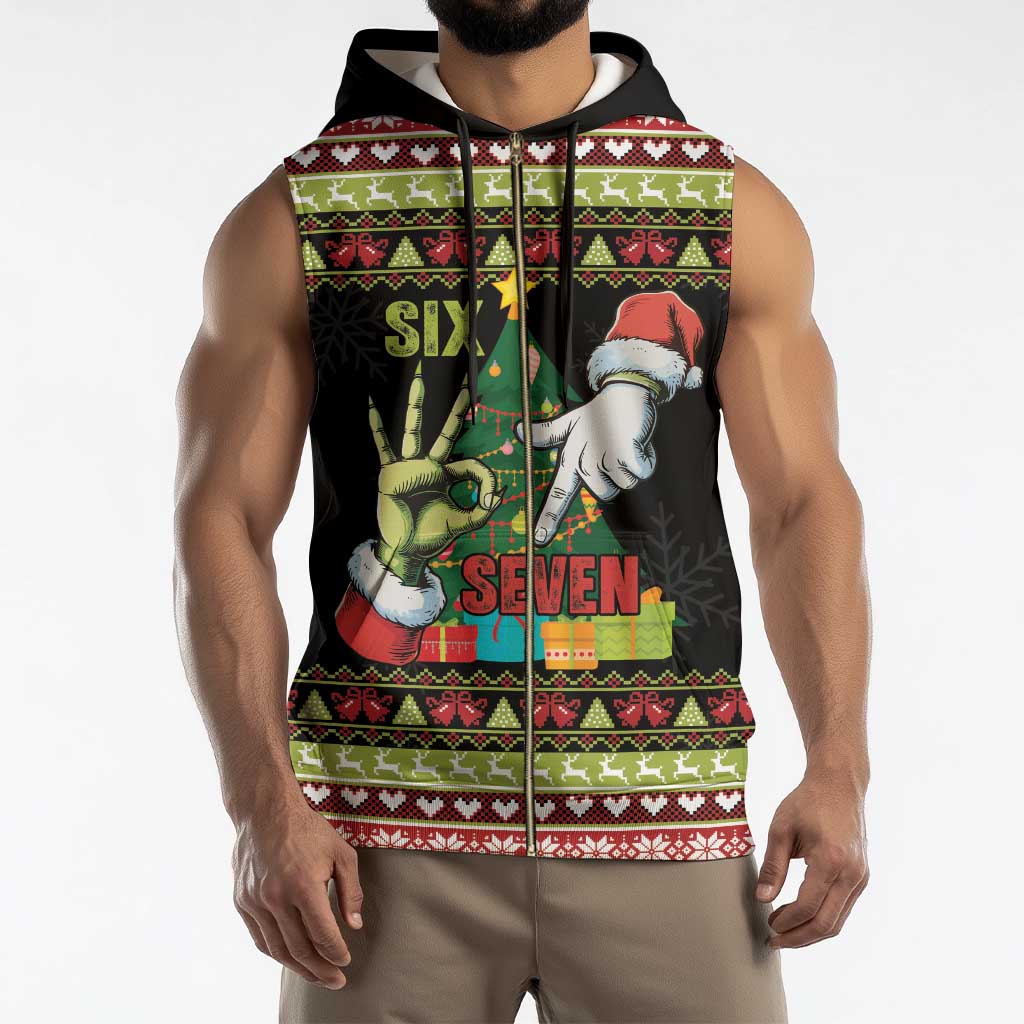 Six Seven Christmas Sleeveless Zip Hoodie Funny Santa and Green Hands - Wonder Print Shop