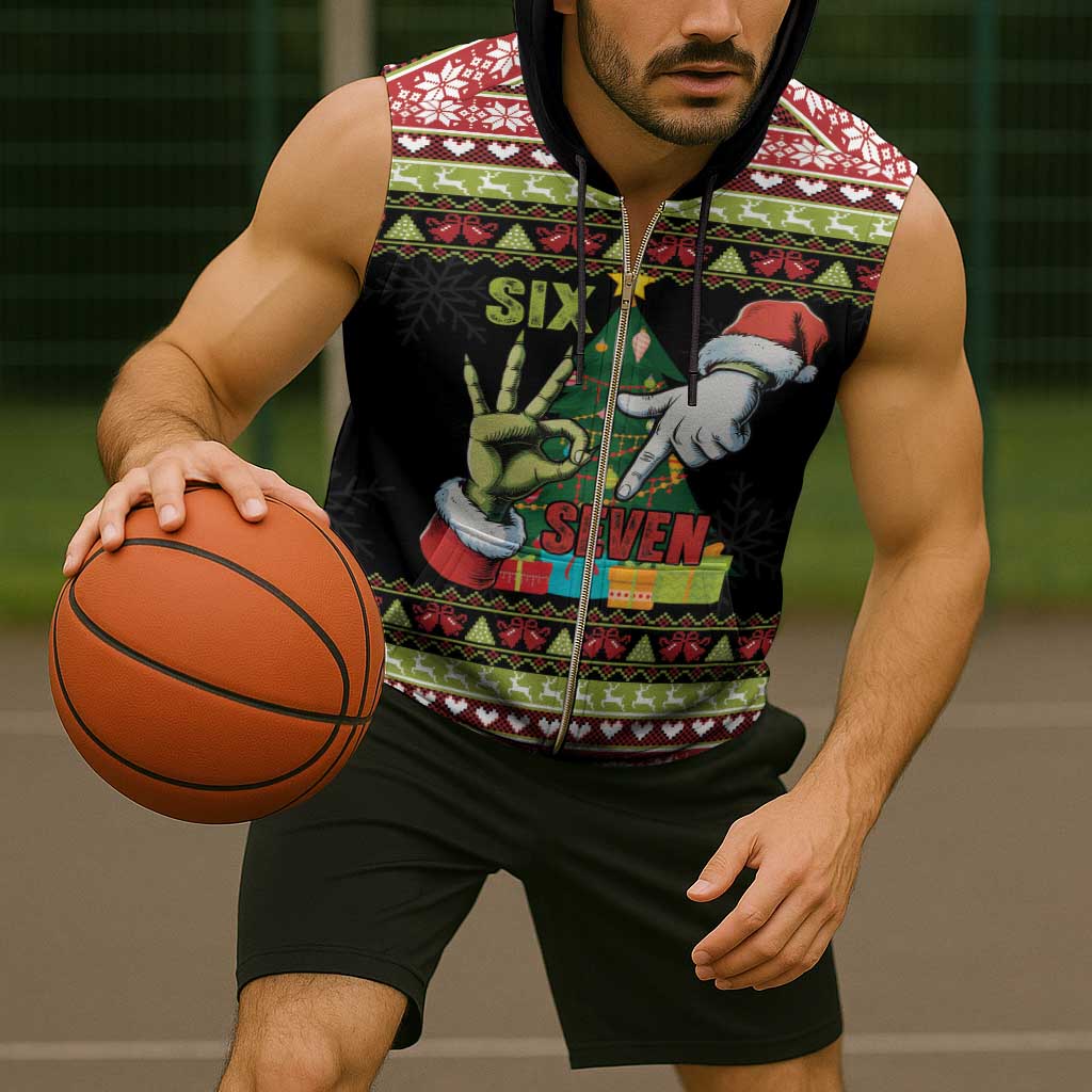 Six Seven Christmas Sleeveless Zip Hoodie Funny Santa and Green Hands - Wonder Print Shop