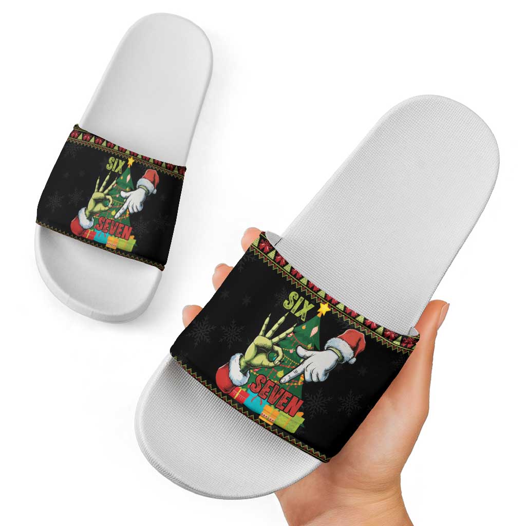 Six Seven Christmas Slide Sandals Funny Santa and Green Hands - Wonder Print Shop