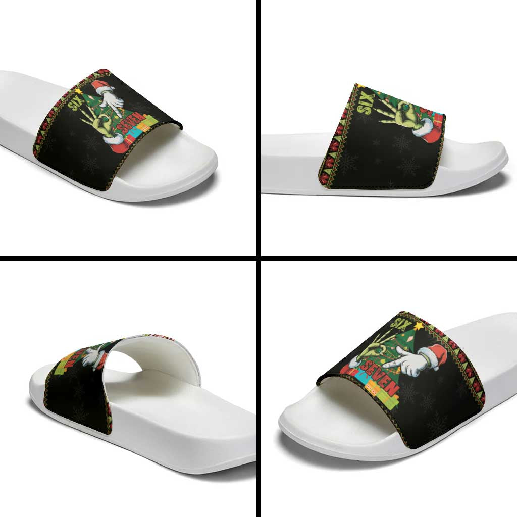 Six Seven Christmas Slide Sandals Funny Santa and Green Hands - Wonder Print Shop