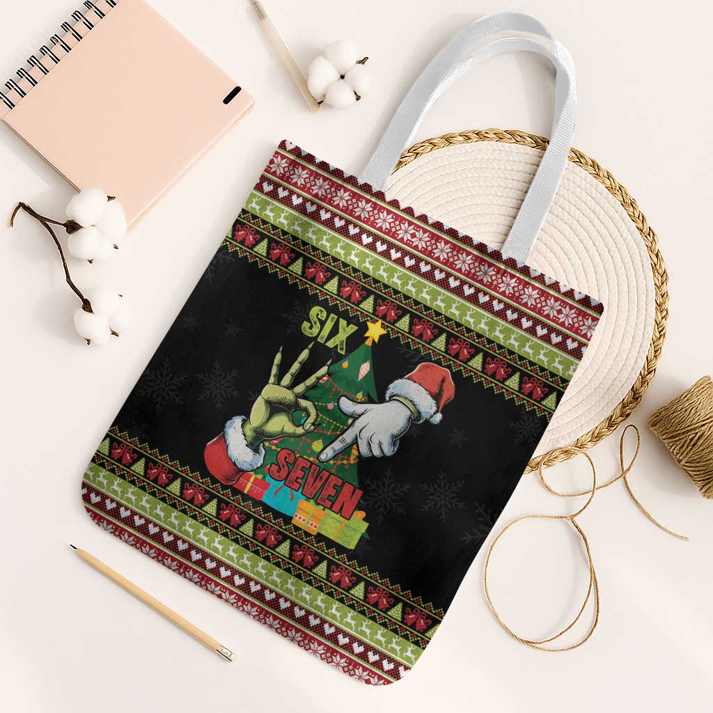 Six Seven Christmas Tote Bag Funny Santa and Green Hands - Wonder Print Shop