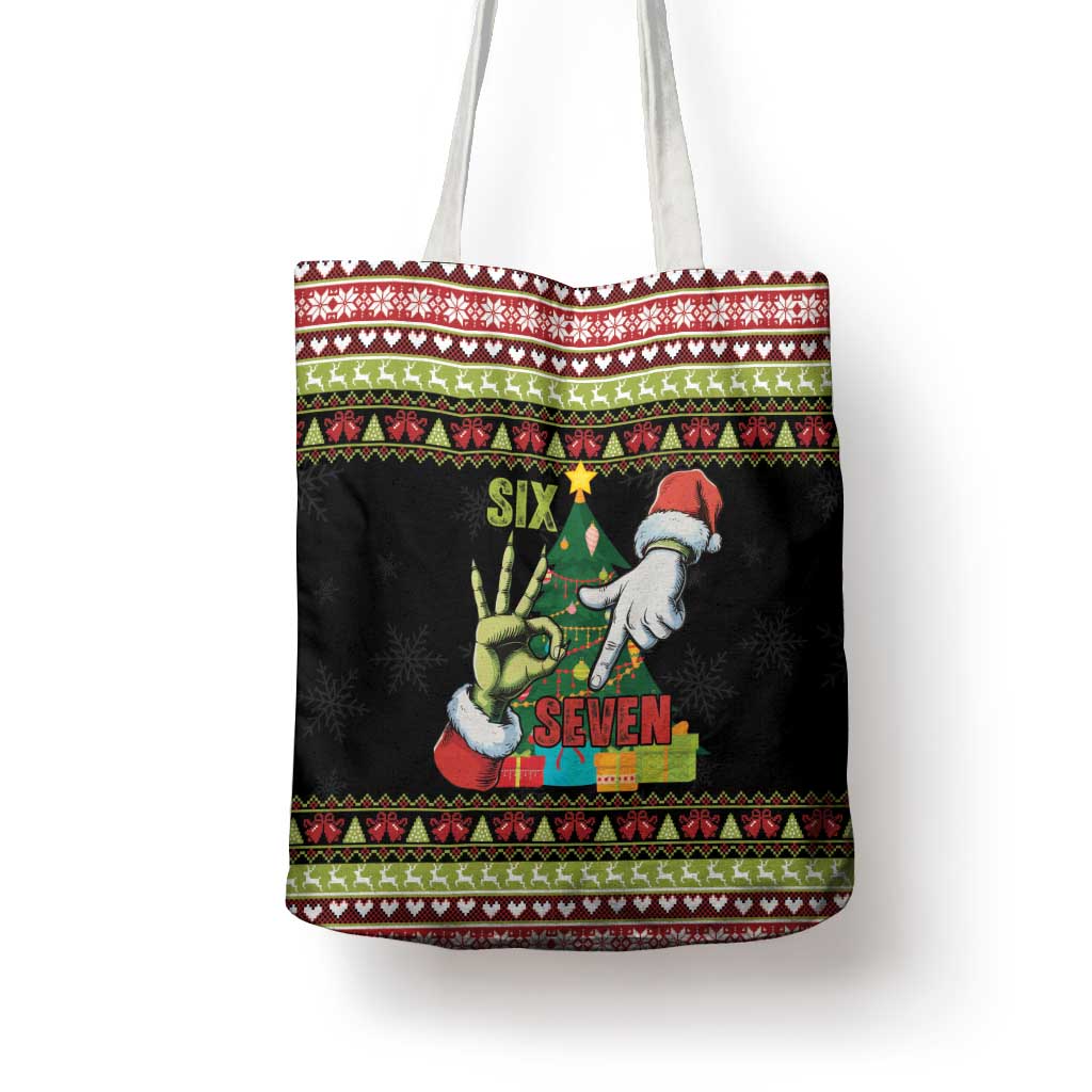Six Seven Christmas Tote Bag Funny Santa and Green Hands - Wonder Print Shop
