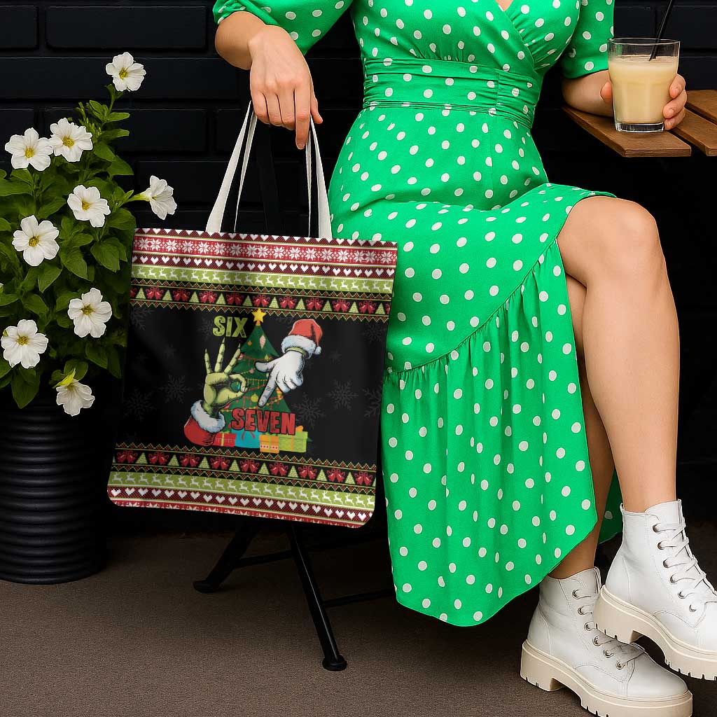 Six Seven Christmas Tote Bag Funny Santa and Green Hands - Wonder Print Shop