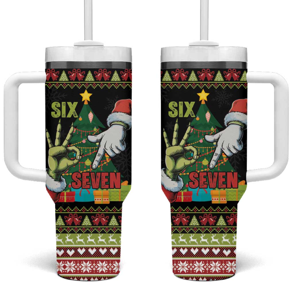 Six Seven Christmas Tumbler With Handle Funny Santa and Green Hands - Wonder Print Shop