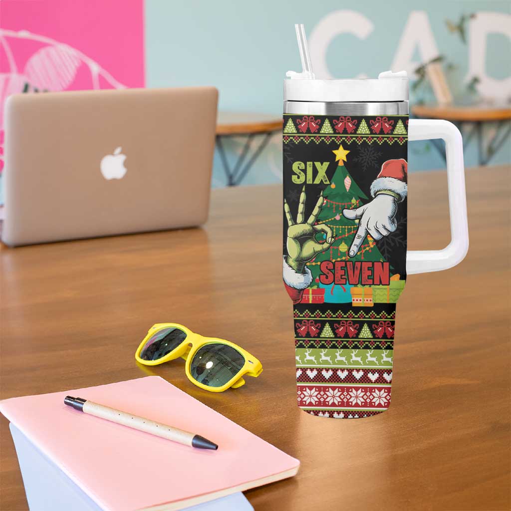 Six Seven Christmas Tumbler With Handle Funny Santa and Green Hands - Wonder Print Shop