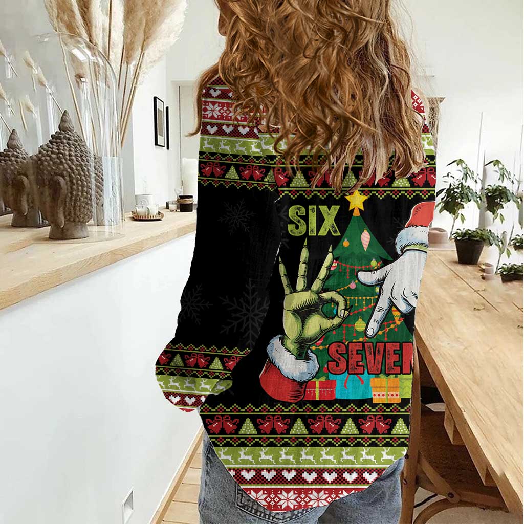 Six Seven Christmas Women Casual Shirt Funny Santa and Green Hands - Wonder Print Shop