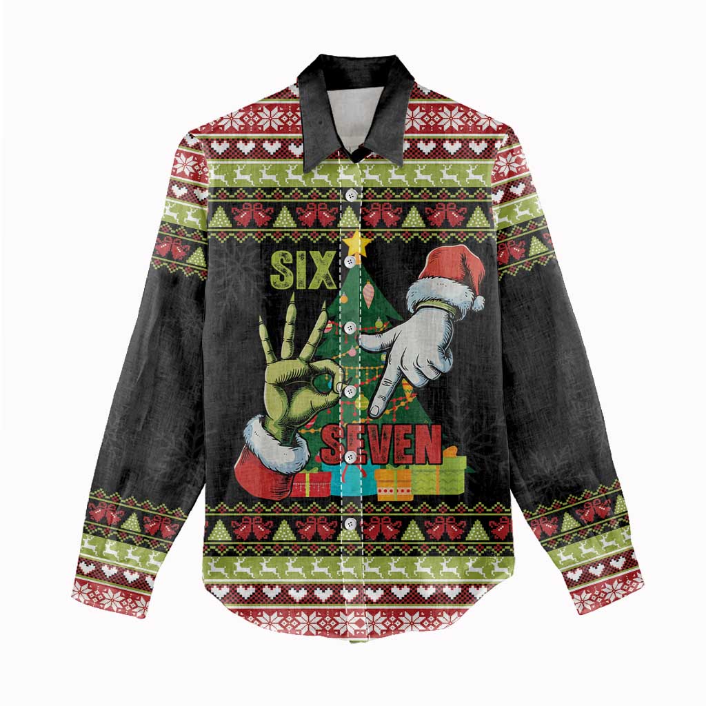 Six Seven Christmas Women Casual Shirt Funny Santa and Green Hands - Wonder Print Shop