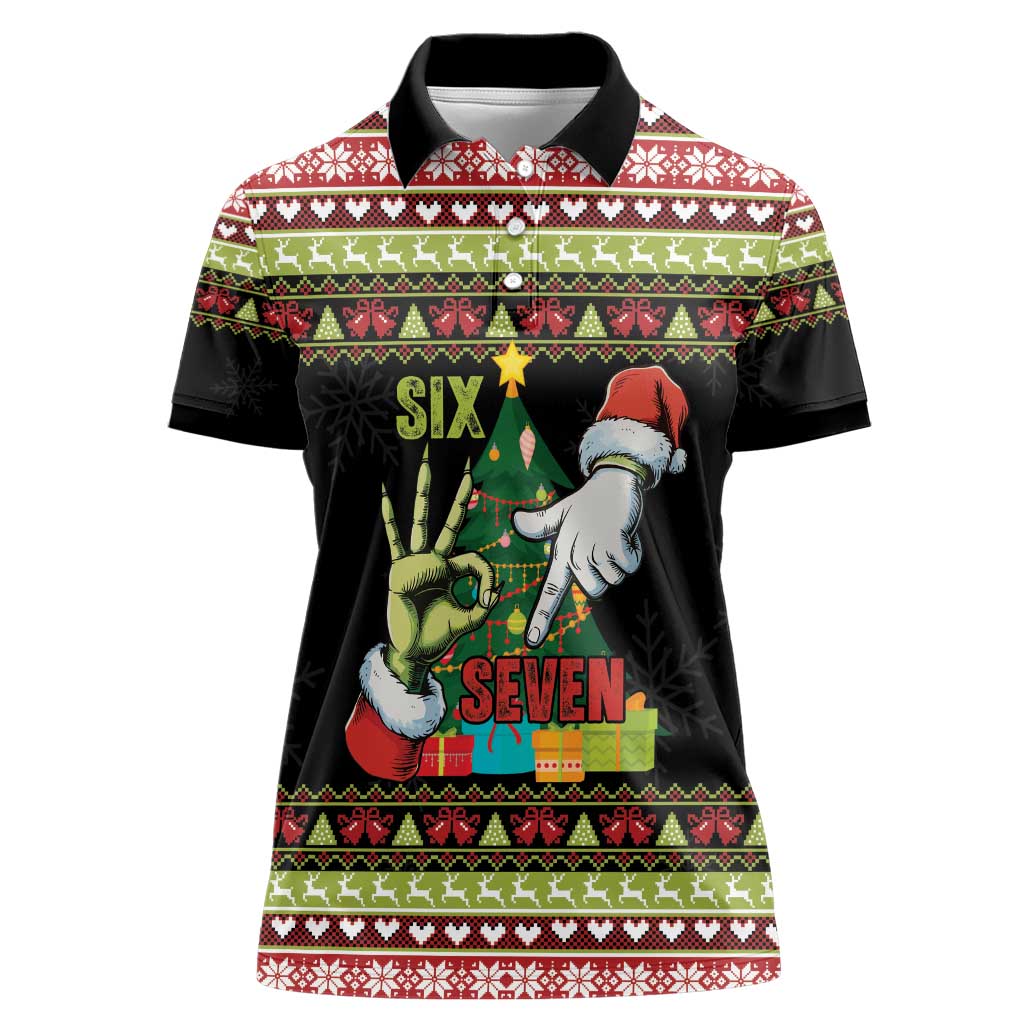 Six Seven Christmas Women Polo Shirt Funny Santa and Green Hands - Wonder Print Shop