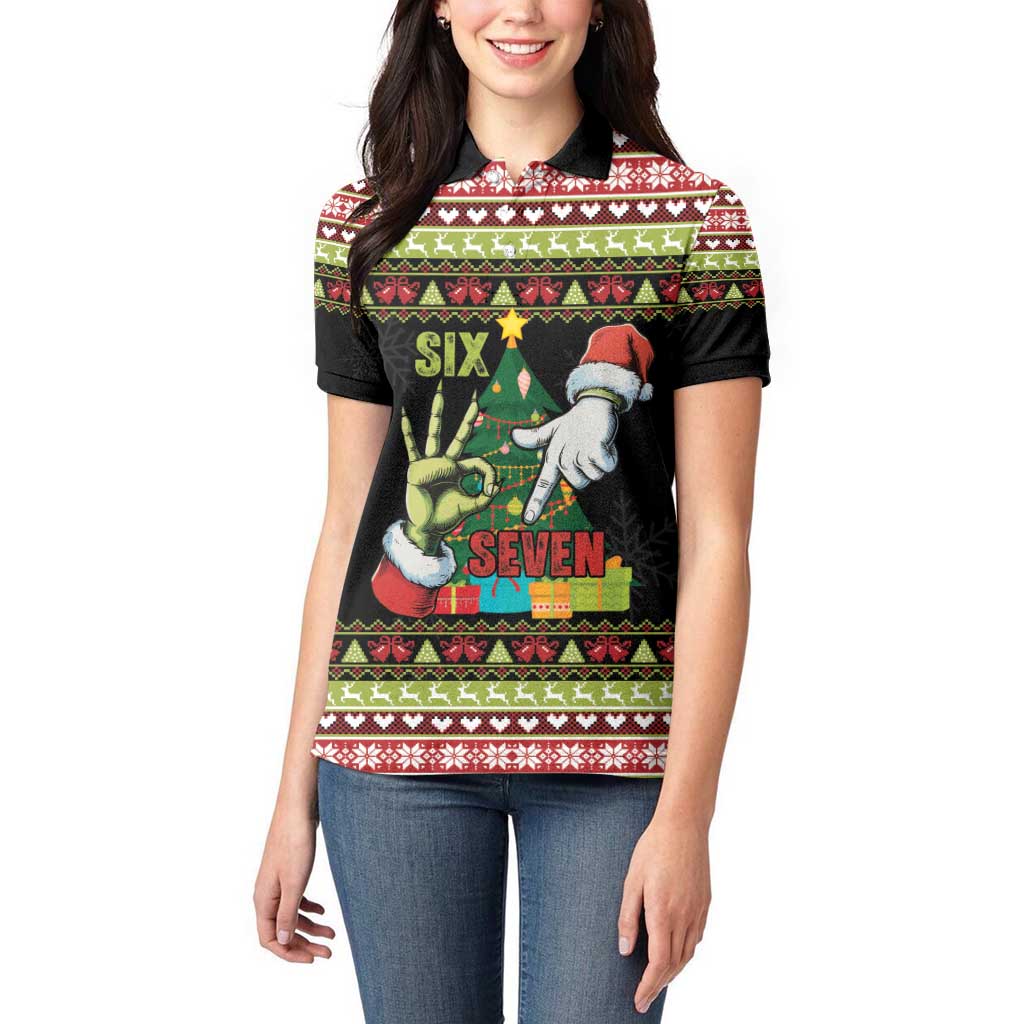 Six Seven Christmas Women Polo Shirt Funny Santa and Green Hands - Wonder Print Shop