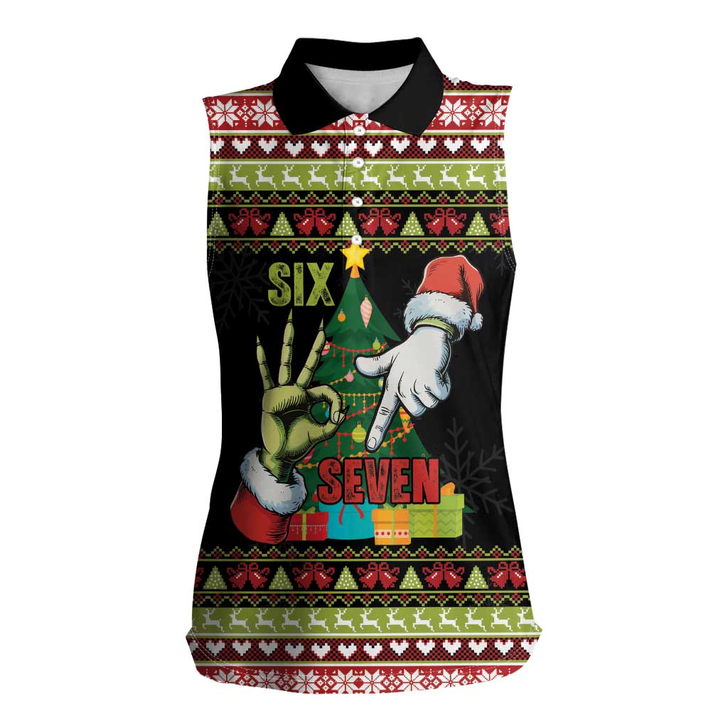 Six Seven Christmas Women Sleeveless Polo Shirt Funny Santa and Green Hands - Wonder Print Shop