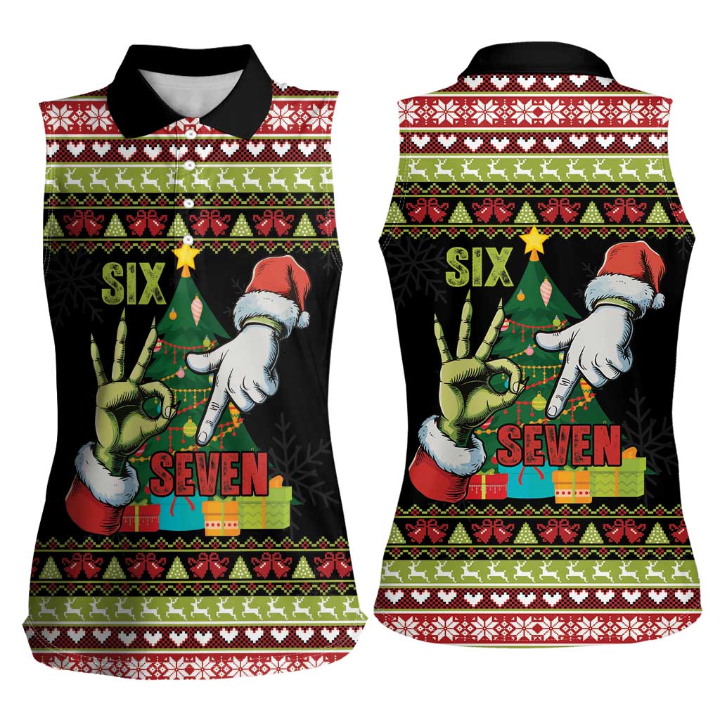 Six Seven Christmas Women Sleeveless Polo Shirt Funny Santa and Green Hands - Wonder Print Shop