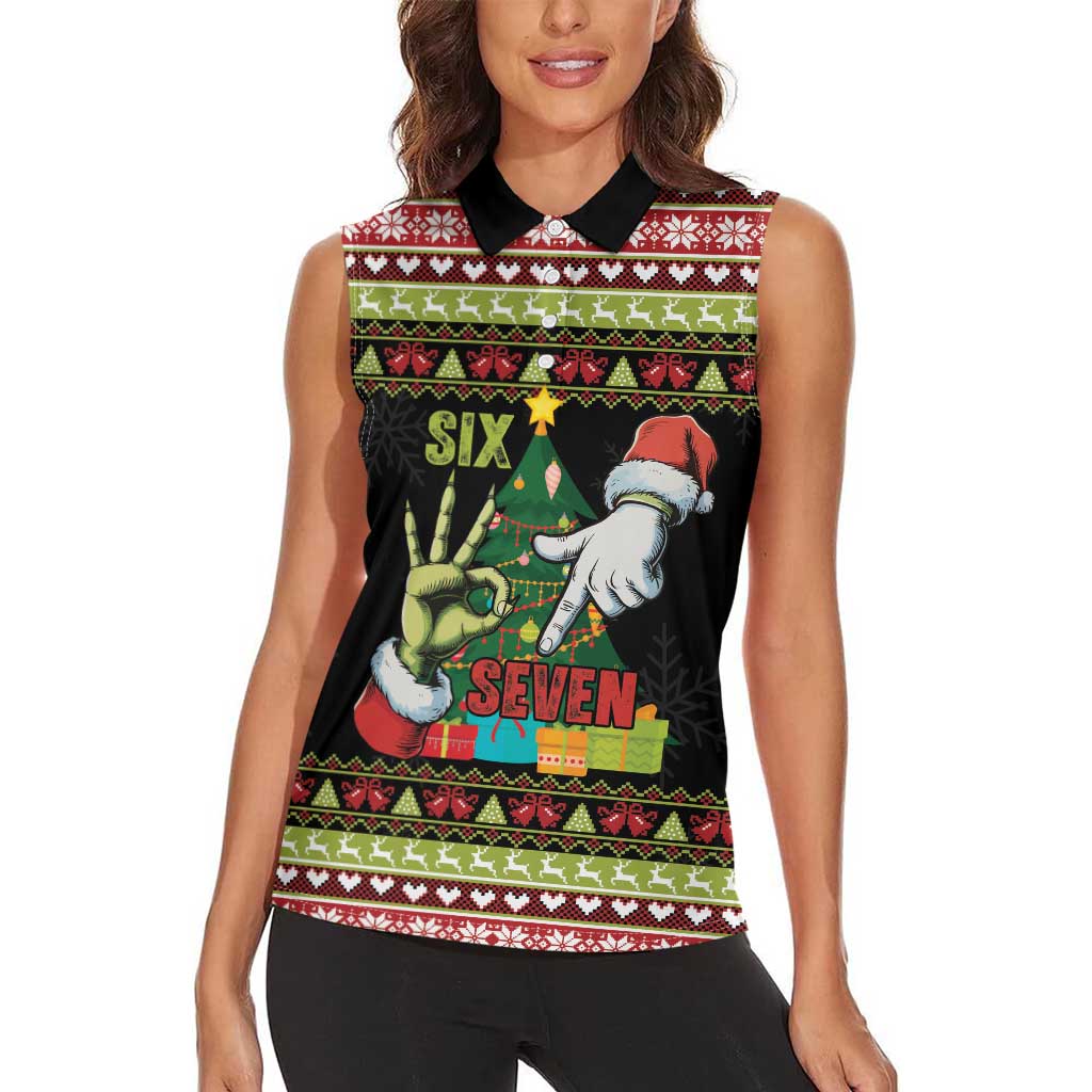 Six Seven Christmas Women Sleeveless Polo Shirt Funny Santa and Green Hands - Wonder Print Shop