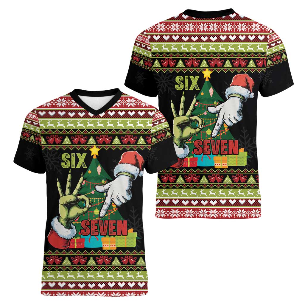 Six Seven Christmas Women V-Neck T-Shirt Funny Santa and Green Hands - Wonder Print Shop