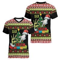 Six Seven Christmas Women V-Neck T-Shirt Funny Santa and Green Hands - Wonder Print Shop