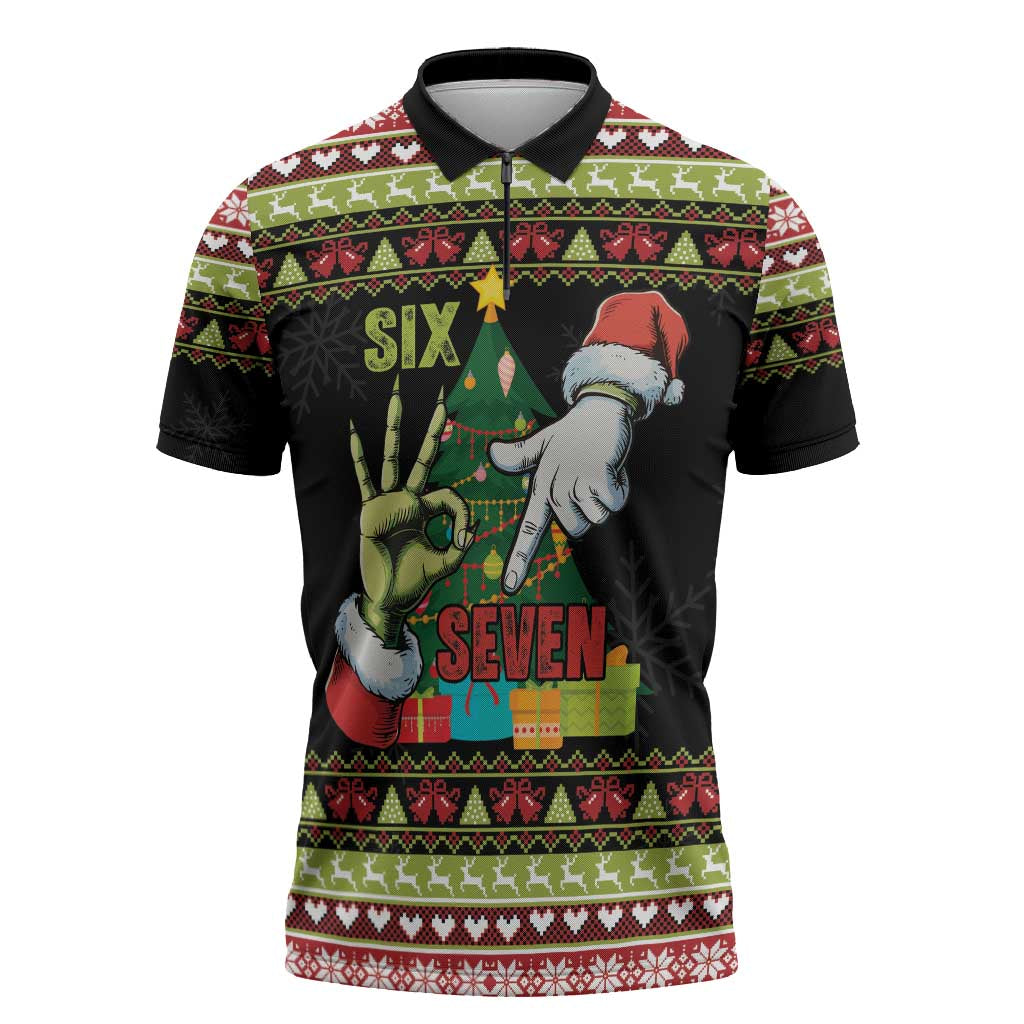 Six Seven Christmas Zipper Polo Shirt Funny Santa and Green Hands - Wonder Print Shop